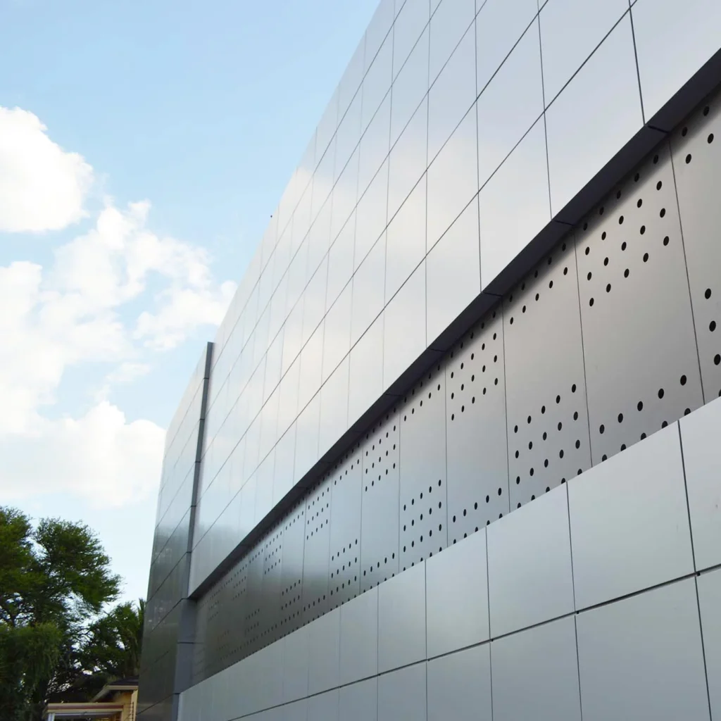 Close-up of Aluminum plates of commercial building facade.