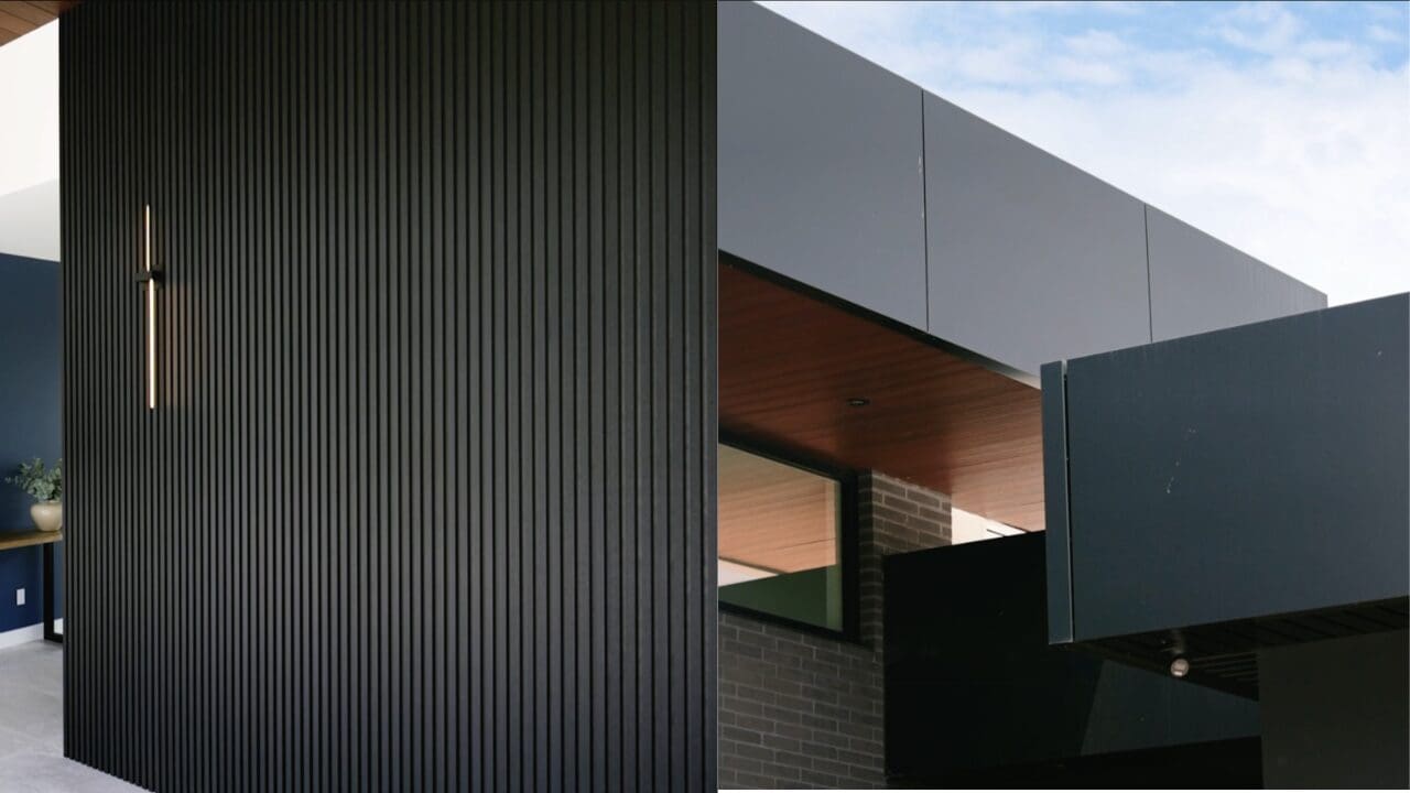 ACM vs Wood Composite Panels: A split-screen high-resolution photograph showing a sleek ACM building on one side and a textured wood-composite residential facade on the other.